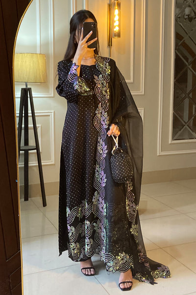 Black Straight Cut Shirt with Rhinestone Wave Motifs Dress