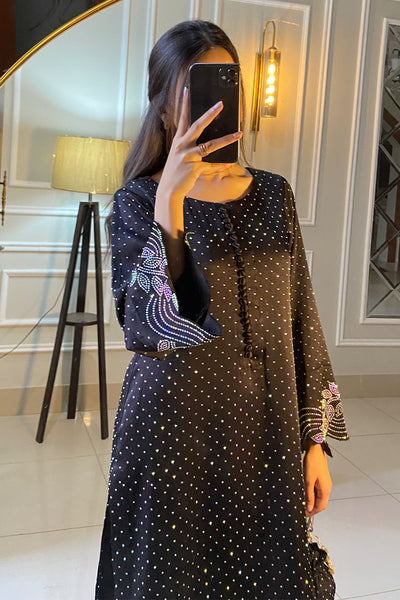 Black Straight Cut Shirt with Rhinestone Wave Motifs Dress