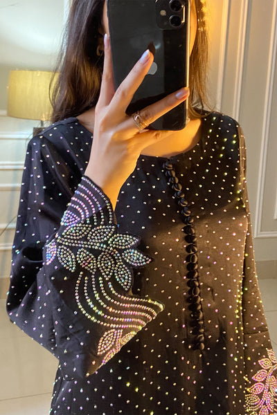 Black Straight Cut Shirt with Rhinestone Wave Motifs Dress