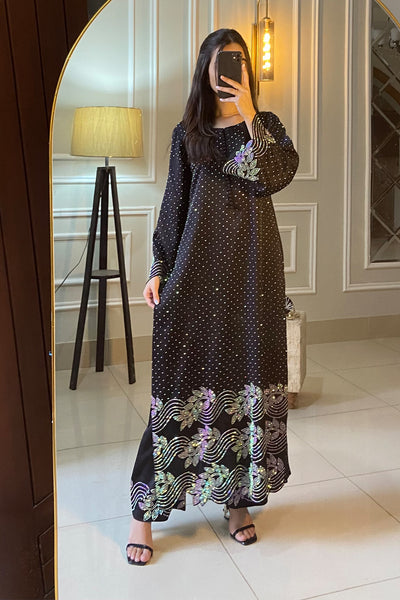 Black Straight Cut Shirt with Rhinestone Wave Motifs Dress