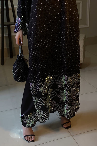 Black Straight Cut Shirt with Rhinestone Wave Motifs Dress