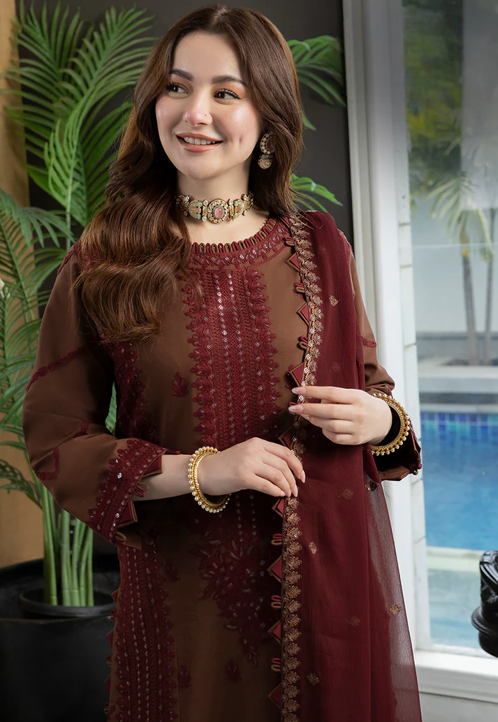 Rich Brown - 03-Piece Embroidered Lawn Suit | Ready To Wear