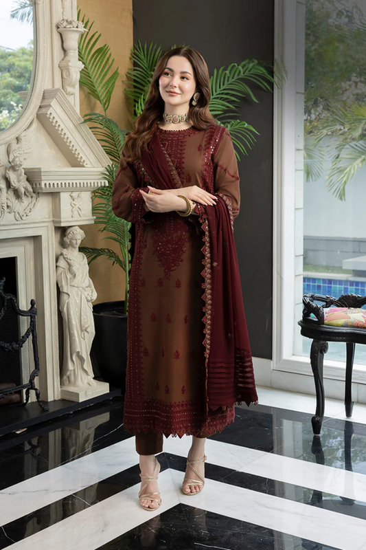Rich Brown - 03-Piece Embroidered Lawn Suit | Ready To Wear