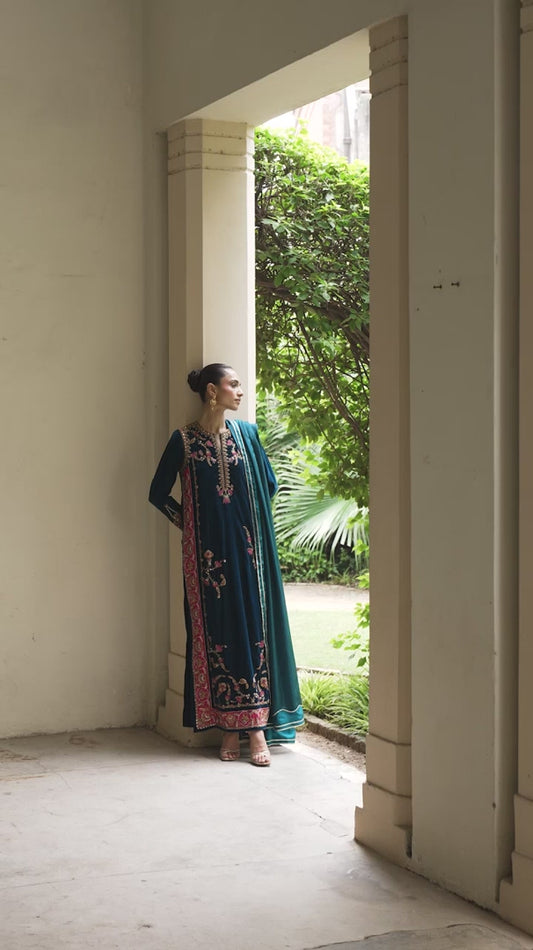 Teal Blue Micro Velvet Hand-Embellished Adda Work Suit