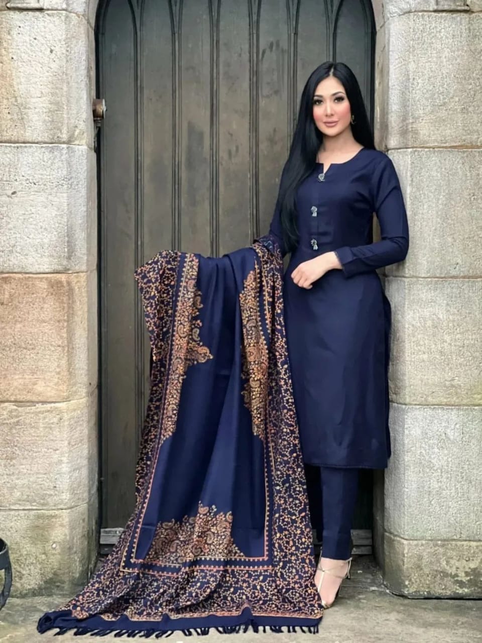 3 Piece Stitched Pashmina Dress With Embroidery Shawl - Ready To Wear
