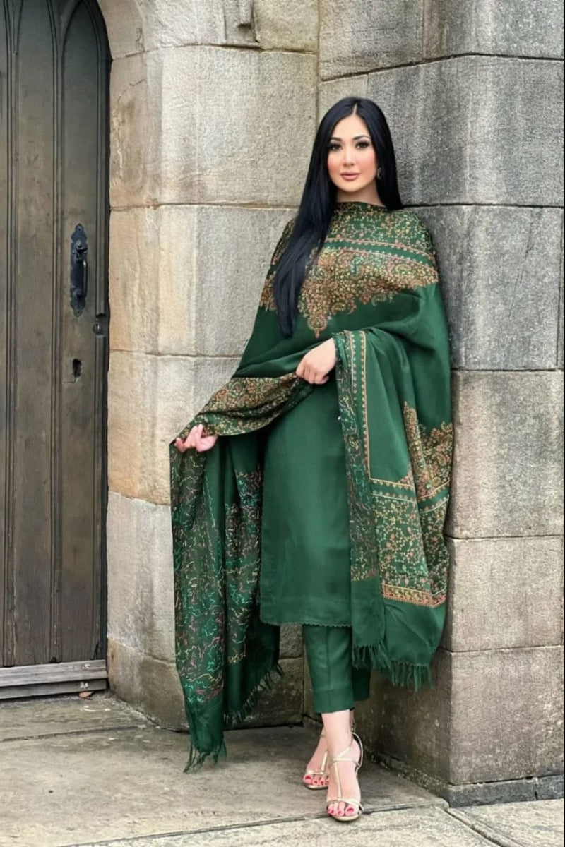 3 Piece Stitched Pashmina Dress With Embroidery Shawl - Ready To Wear