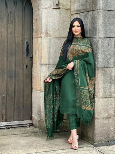 3 Piece Stitched Pashmina Dress With Embroidery Shawl - Ready To Wear