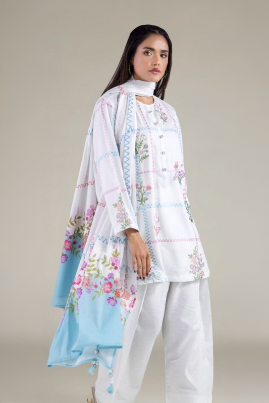 03-Piece Button Flaired Shirt and Shalwar  - Ready To Wear