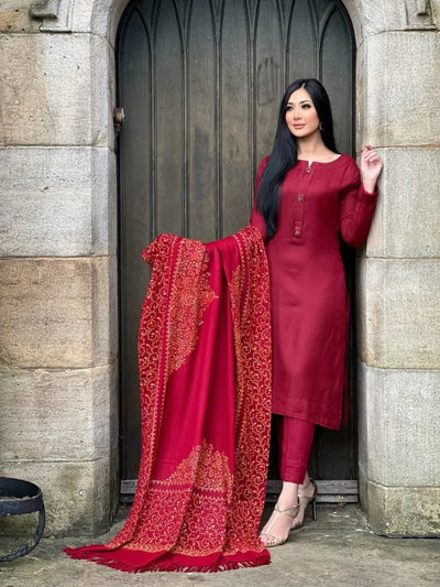 3 Piece Stitched Pashmina Dress With Embroidery Shawl - Ready To Wear