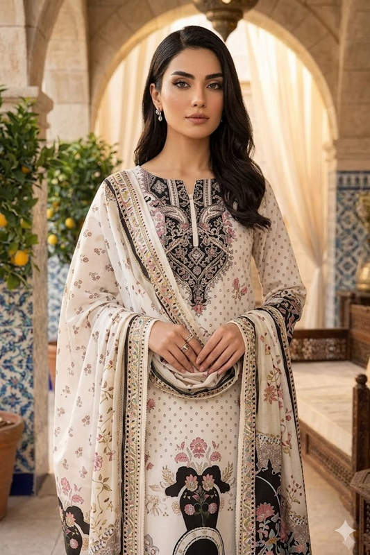 03-Piece Digital Print Silk Suit - Ready To Wear