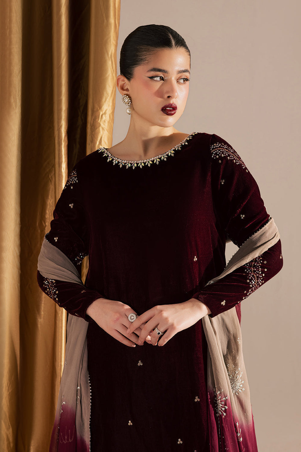 3 Piece Stitched Mahroon Velvet Bridal Suit