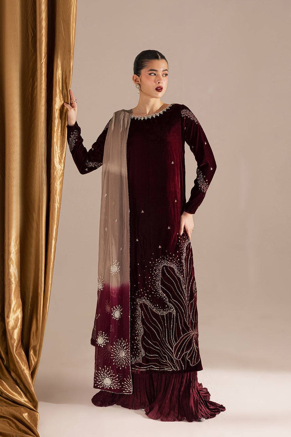 3 Piece Stitched Mahroon Velvet Bridal Suit