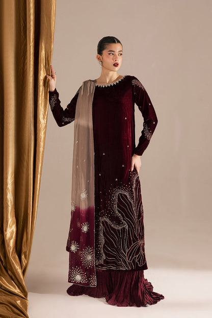 3 Piece Stitched Mahroon Velvet Bridal Suit