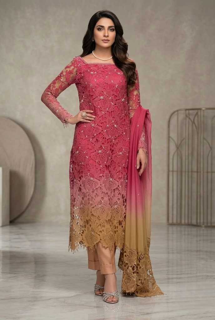 03-Piece Qureshia Net Suit With Chiffon Dupatta | Ready To Wear