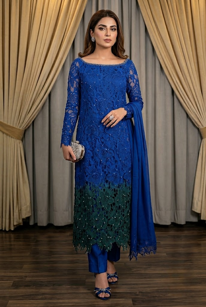 03-Piece Qureshia Net Suit With Chiffon Dupatta | Ready To Wear