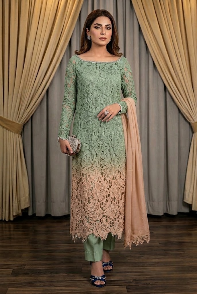 03-Piece Qureshia Net Suit With Chiffon Dupatta | Ready To Wear