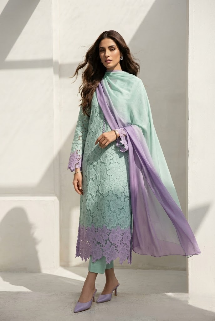 03-Piece Qureshia Net Suit With Chiffon Dupatta | Ready To Wear