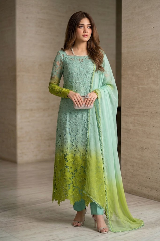 03-Piece Qureshia Net Suit With Chiffon Dupatta | Ready To Wear