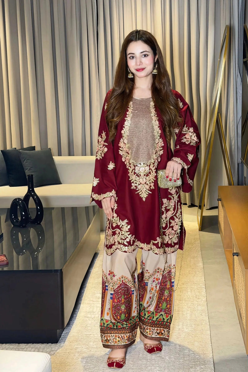 02 Piece Premium Embroidered Silk Suit - Ready To Wear