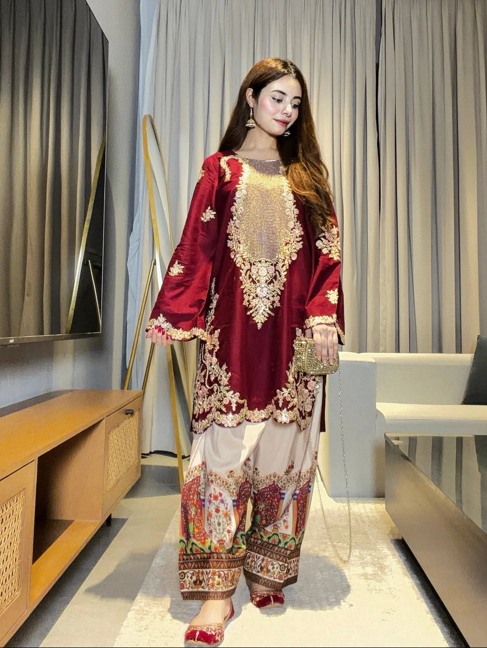 02 Piece Premium Embroidered Silk Suit - Ready To Wear